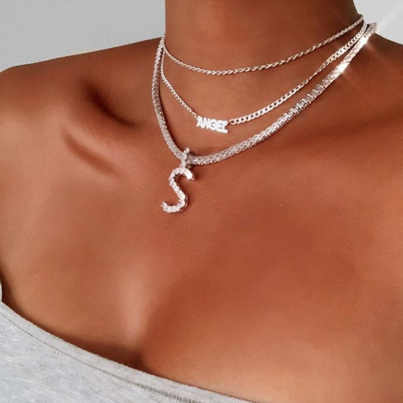 Custom silver tennis personalized name choker initial letter pendant necklace